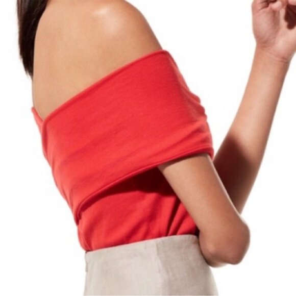 Aritzia Babaton Off The Shoulder Criss Cross Ribbed Stretch Top Red - Picture 4 of 7